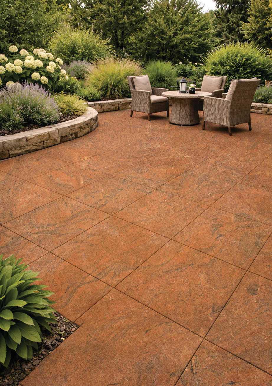 A garden patio paved in Red Multi granite