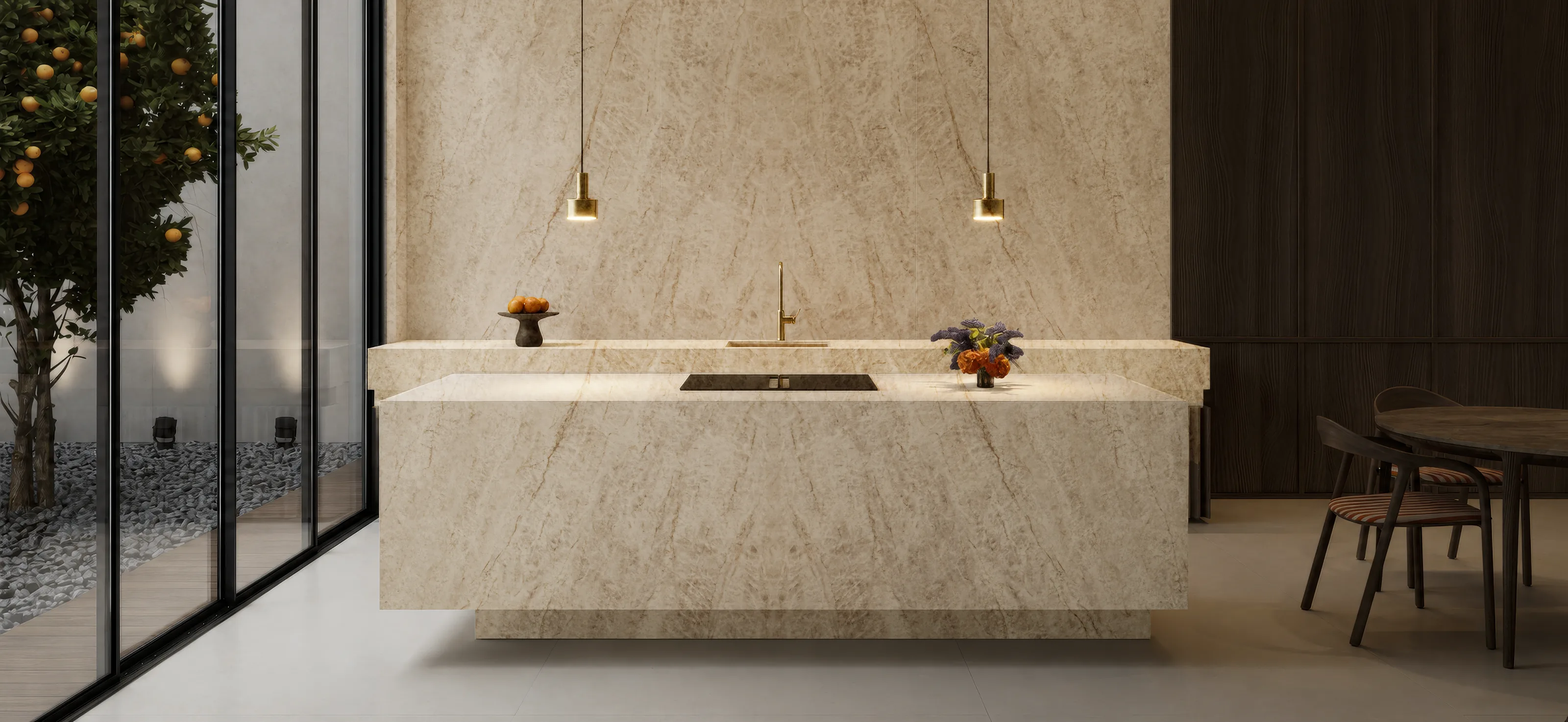 A kitchen island in Taj Vein quartz