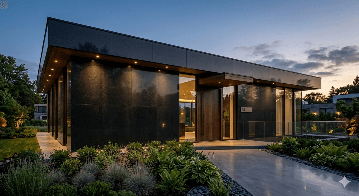 Dark slab cladding on a modern home at dusk