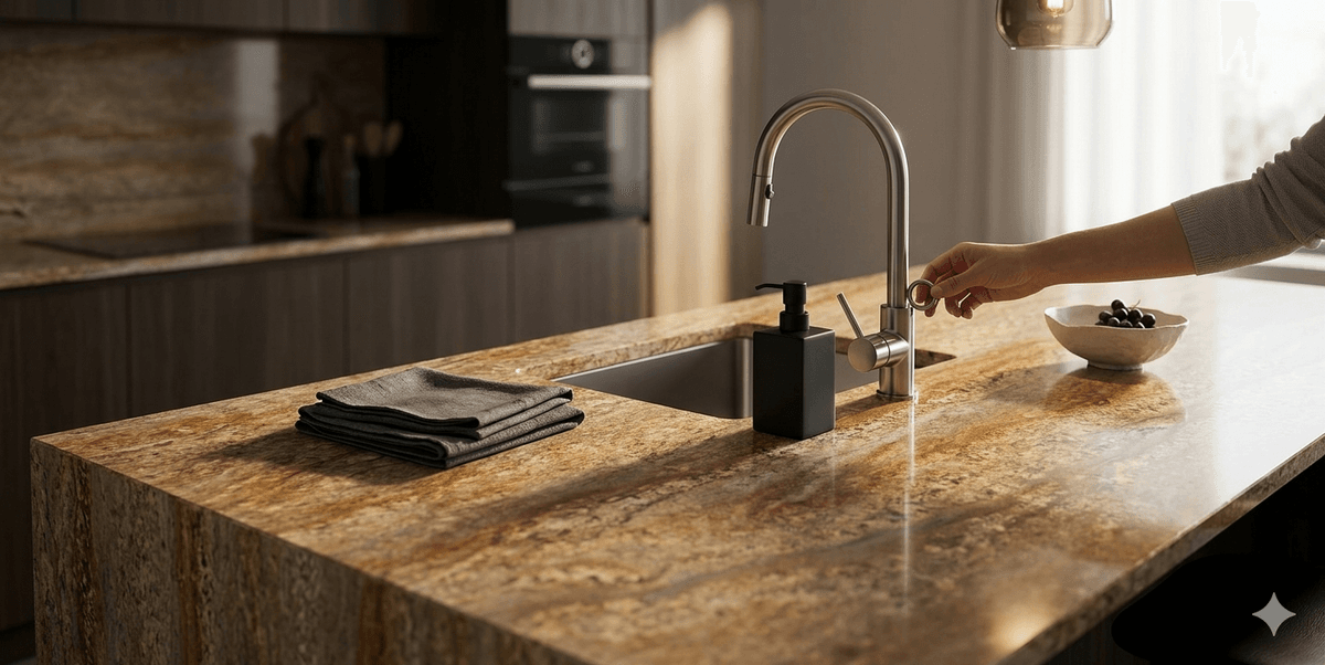 Warm-veined granite counter with a brass mixer