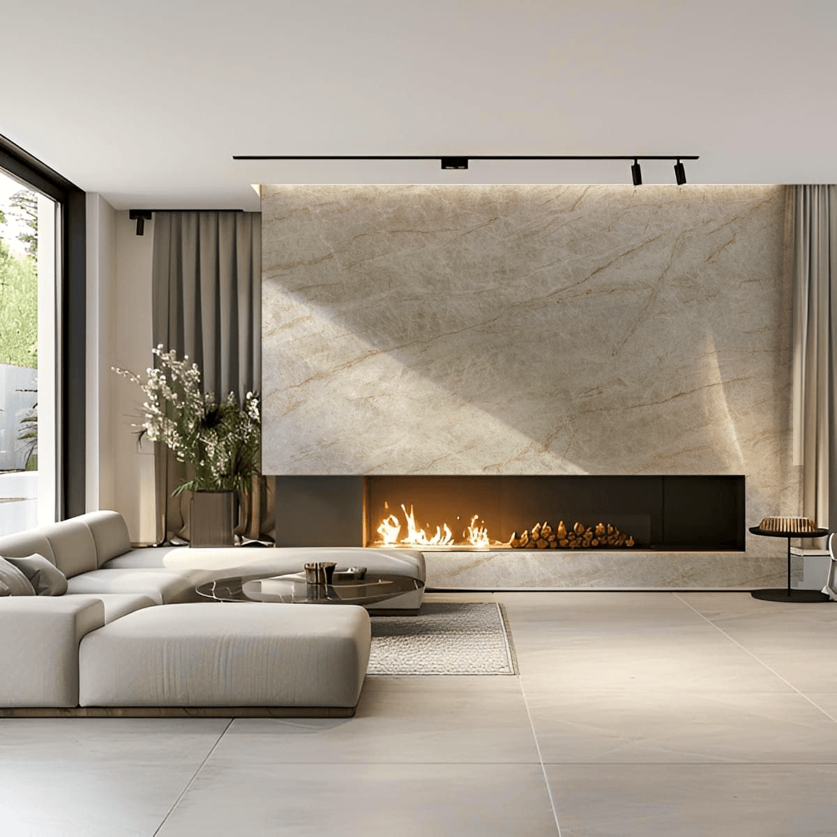 Pale marble fireplace wall in an open living room