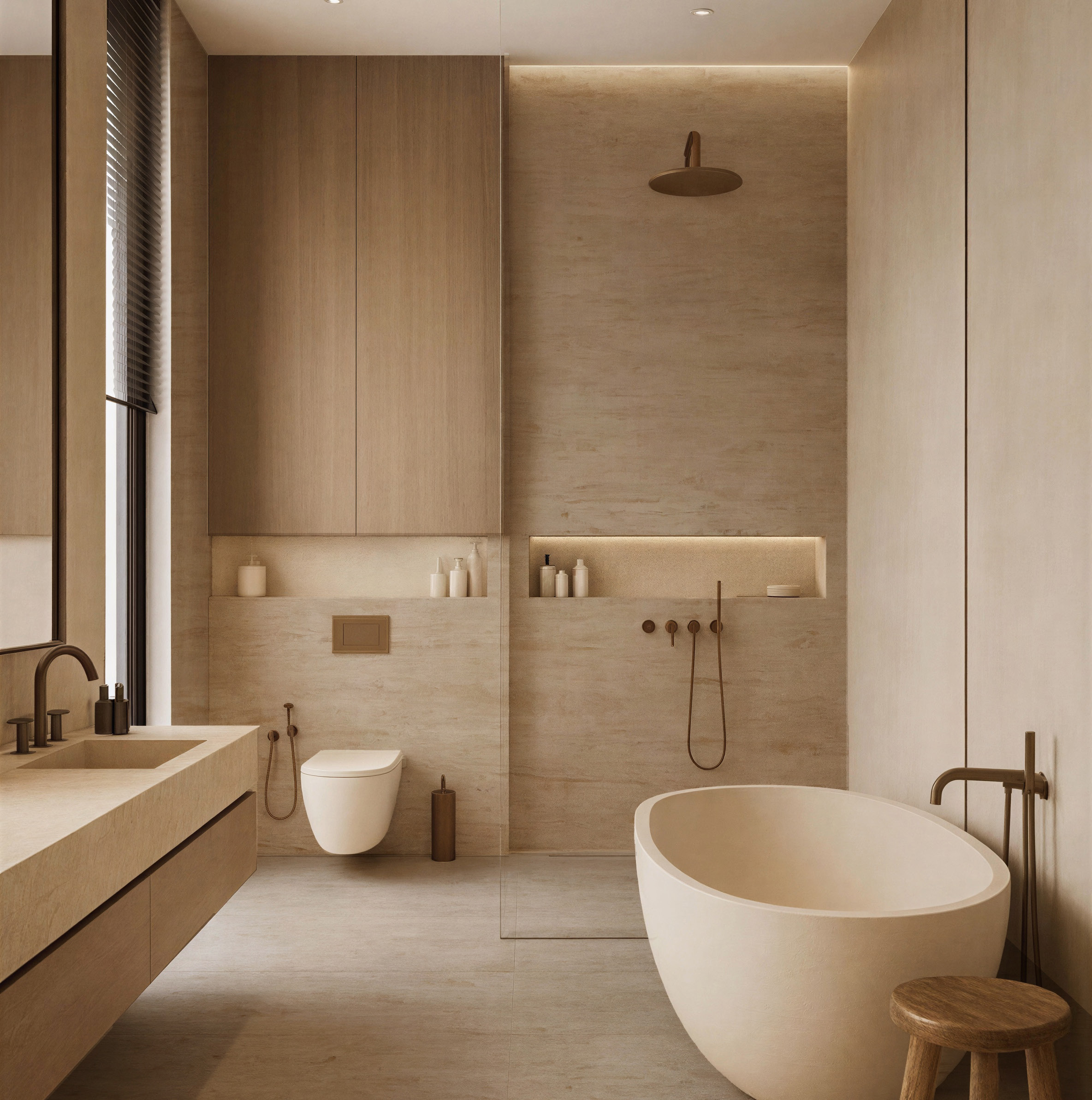 A bathroom with a freestanding bath and a shower niche