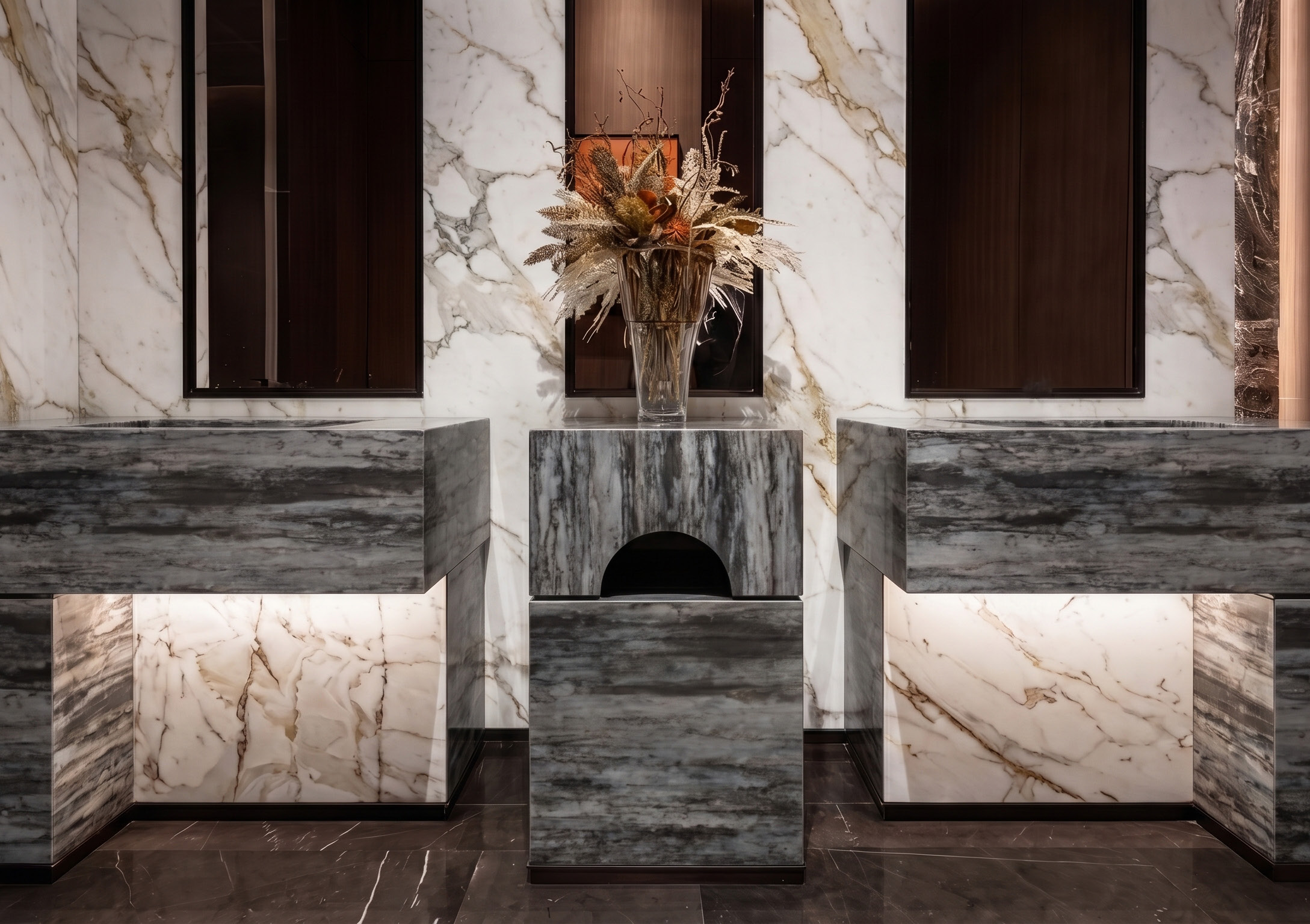 Two stone vanity units with marble-look quartz tops