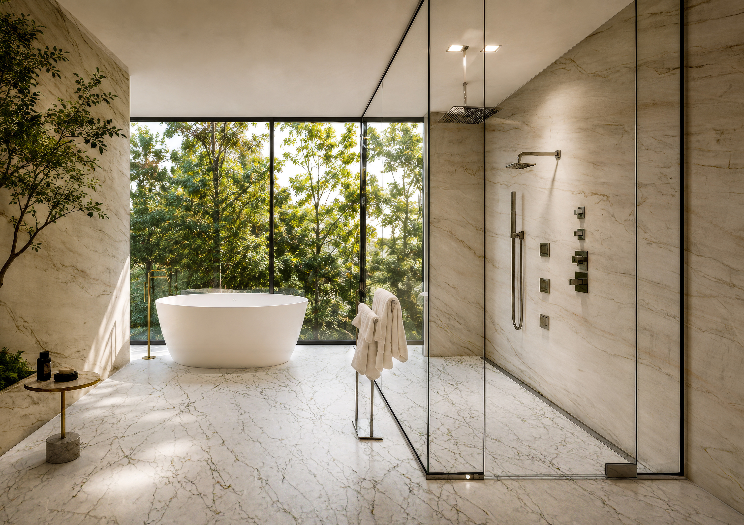 A bathroom with a freestanding bath and a walk-in shower