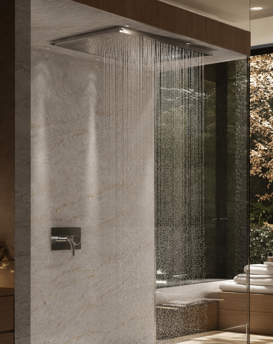 A rain shower in a stone enclosure