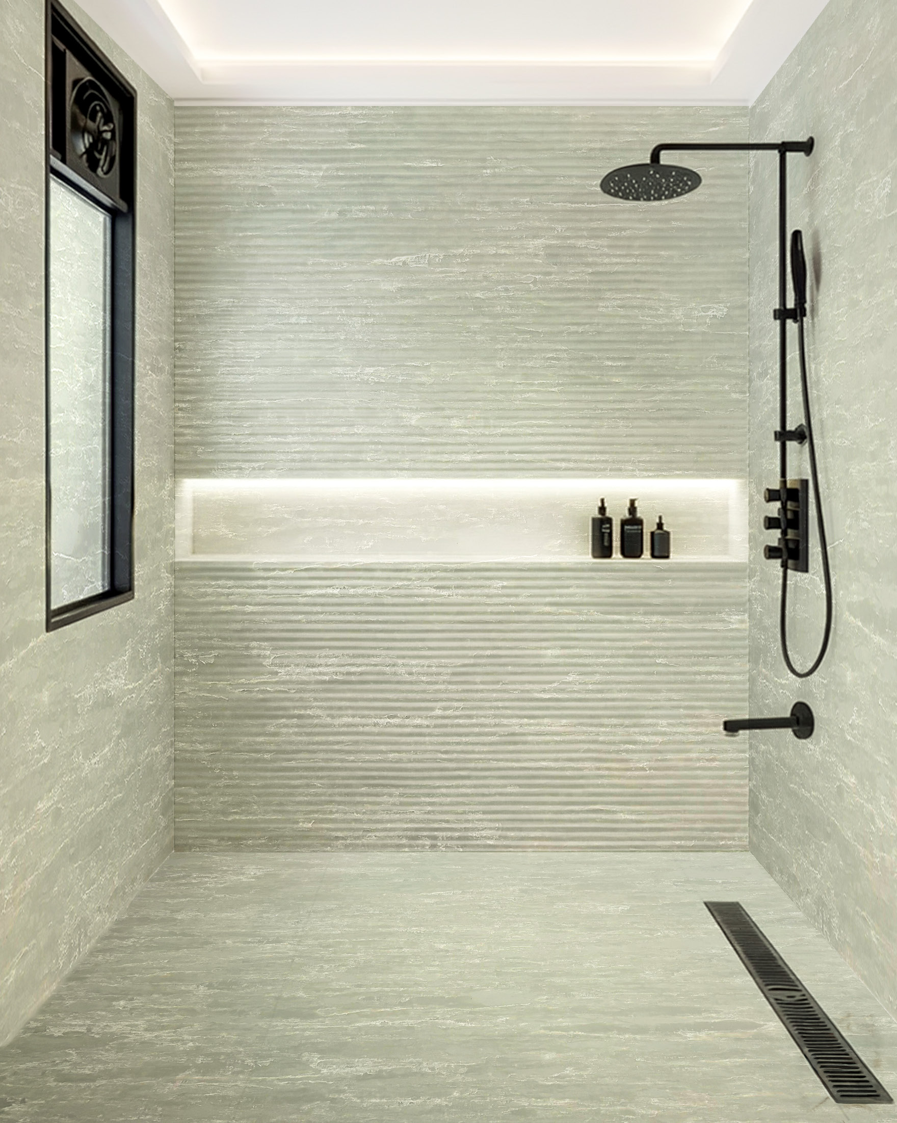 A shower with a lit niche
