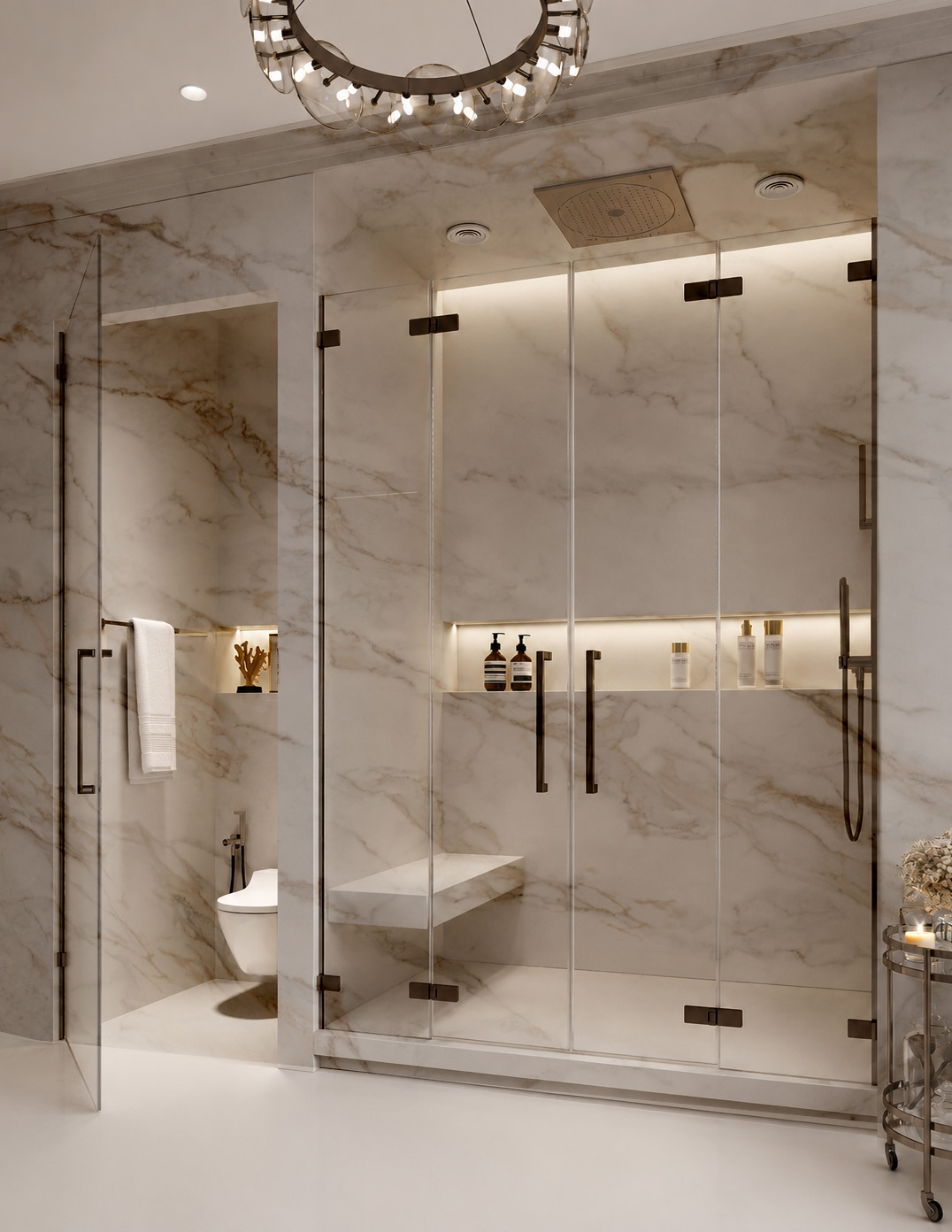 A walk-in shower with stone walls