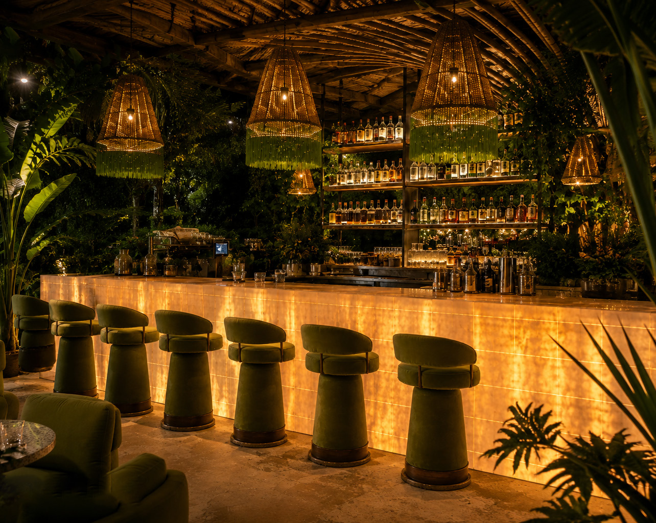 A hotel bar with a backlit stone counter