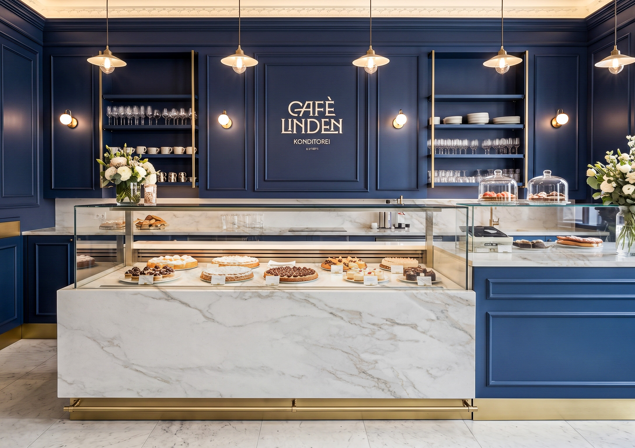 A café service counter and floor in Orenda beneath deep blue cabinets