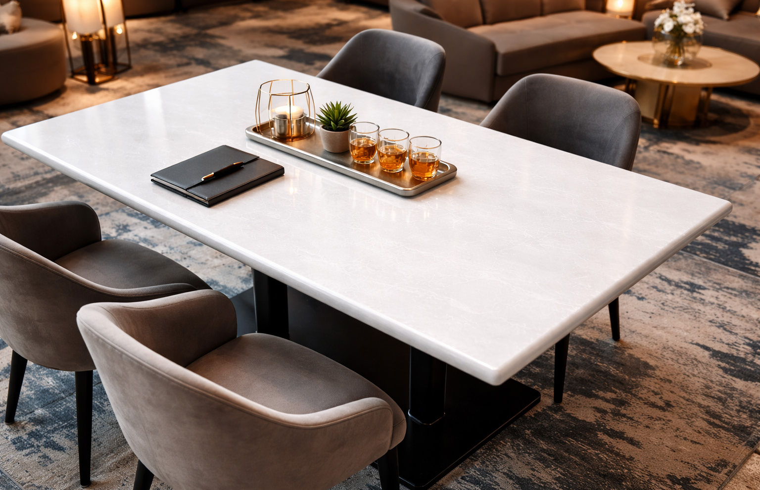 A dining table with a white quartz top