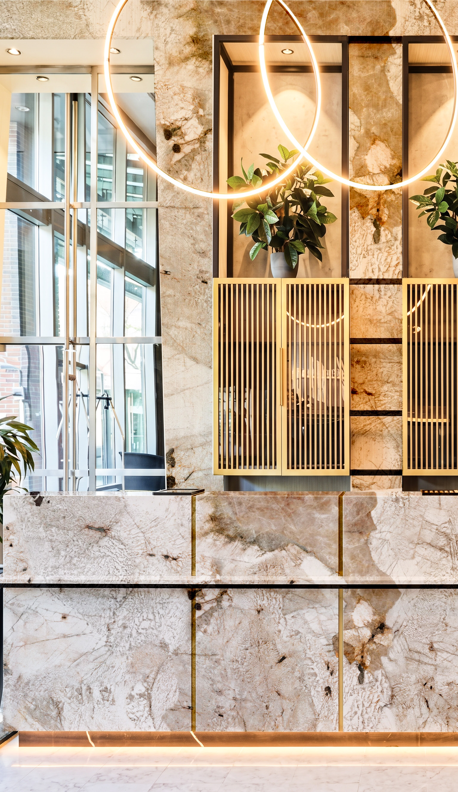 A hotel lobby with walls and reception elements in Patagonia