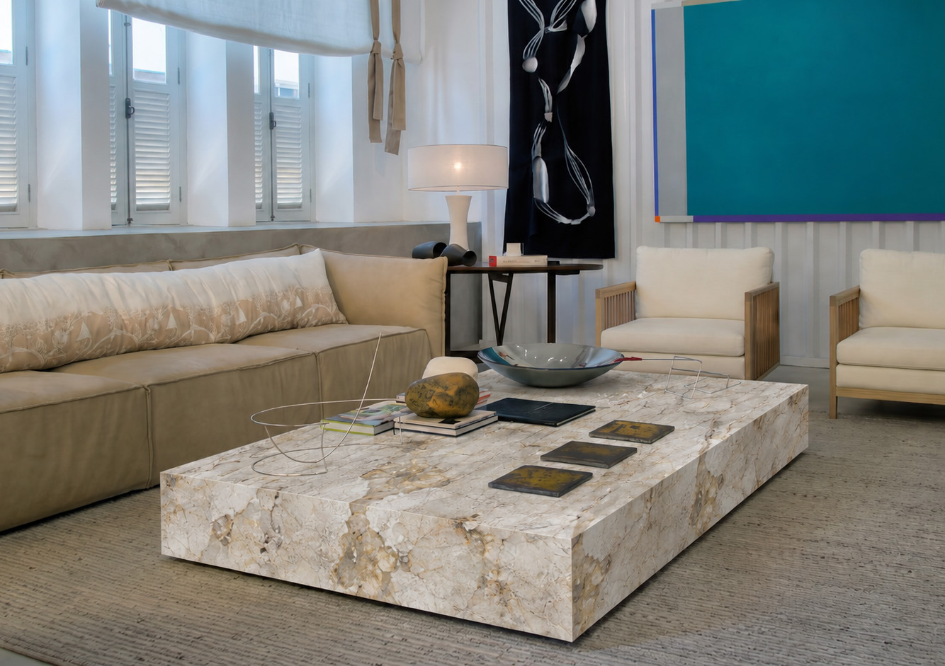 A stone coffee table in a lounge