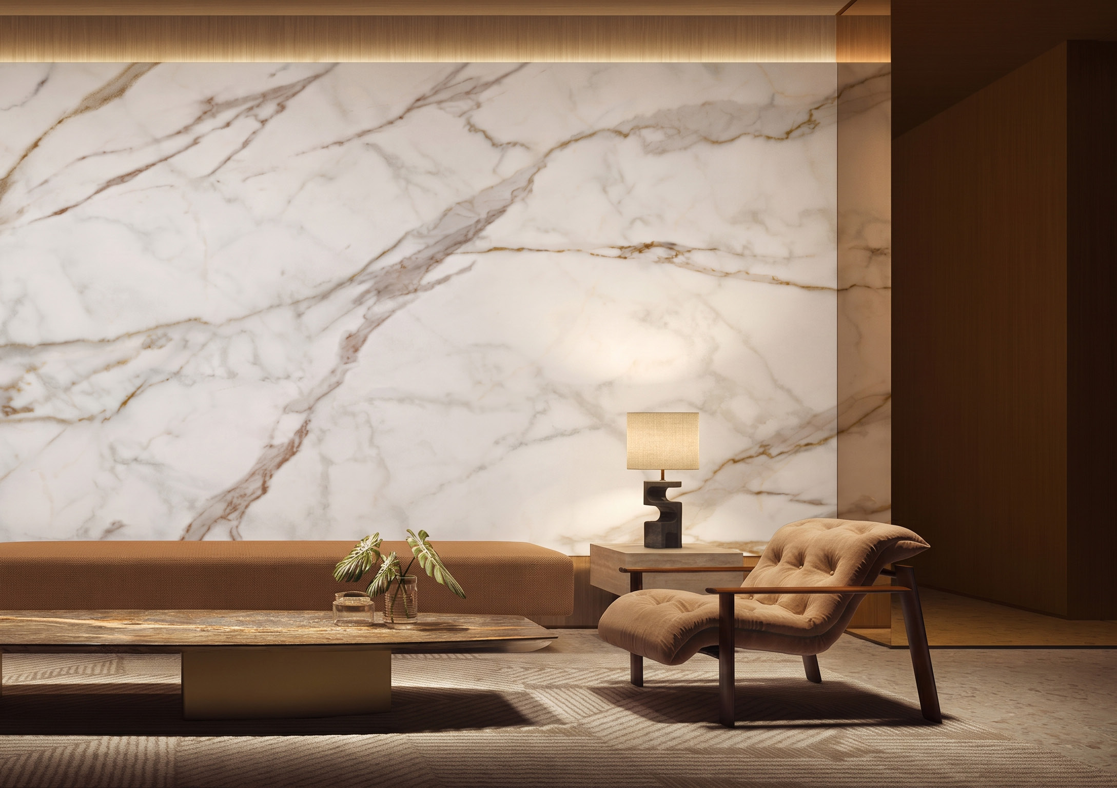 A suite lounge with a veined wall