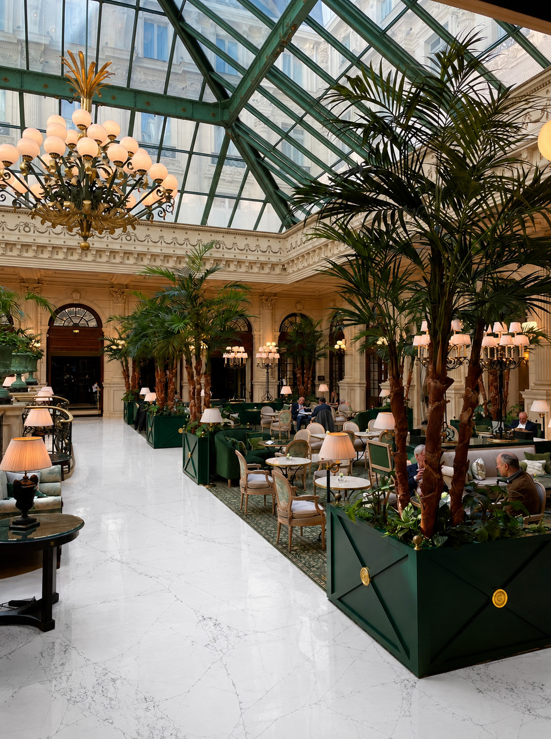 A restaurant under a glass roof