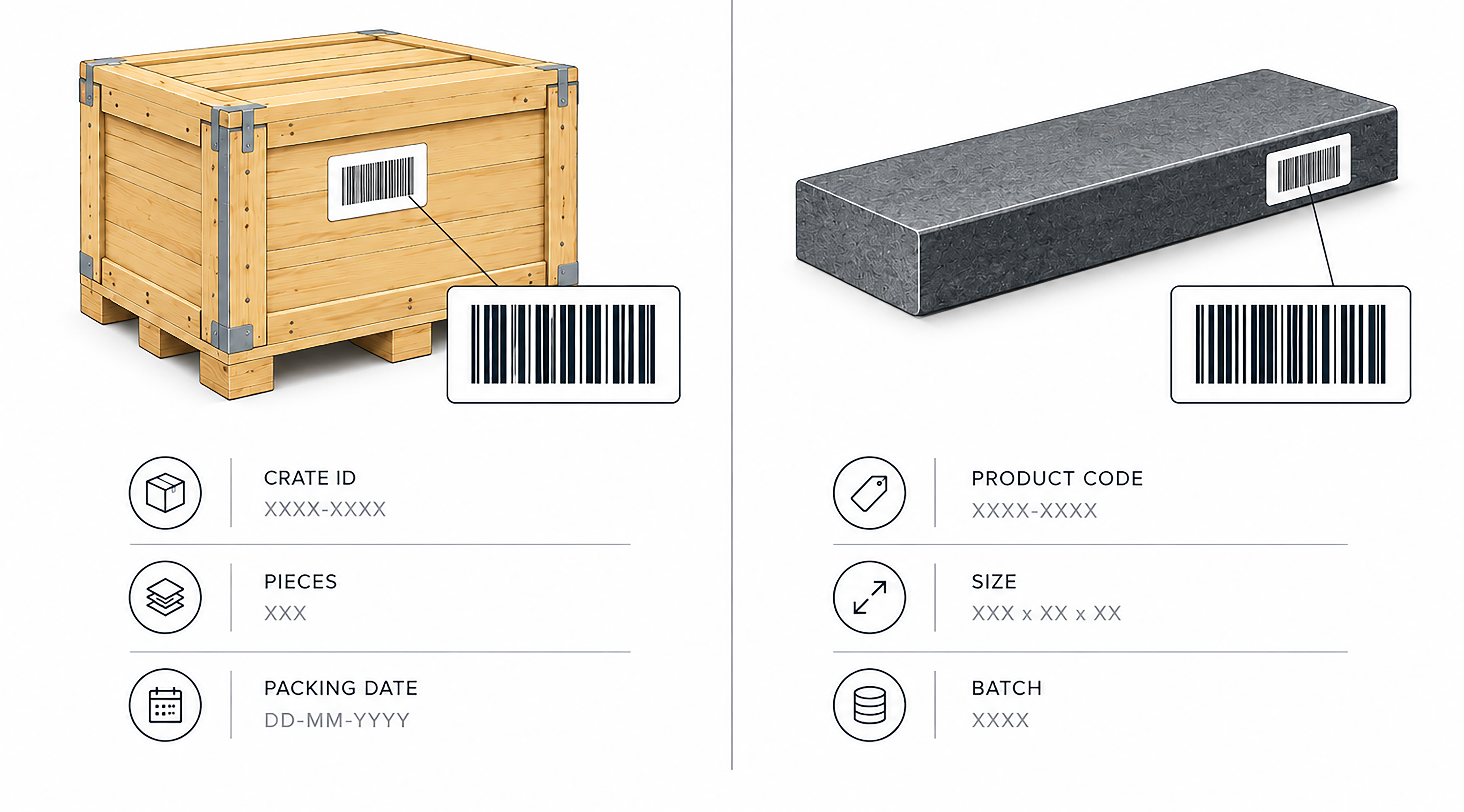 A labelled export crate and a labelled stone piece, each with its barcode
