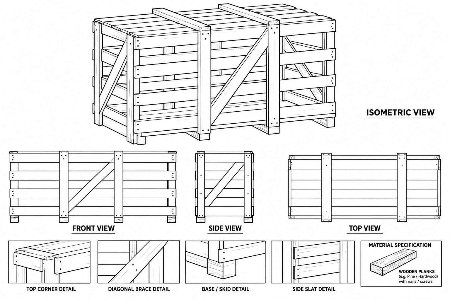Drawing of the wooden export crate: isometric, front, side and top views, with the corner, brace, skid and slat details