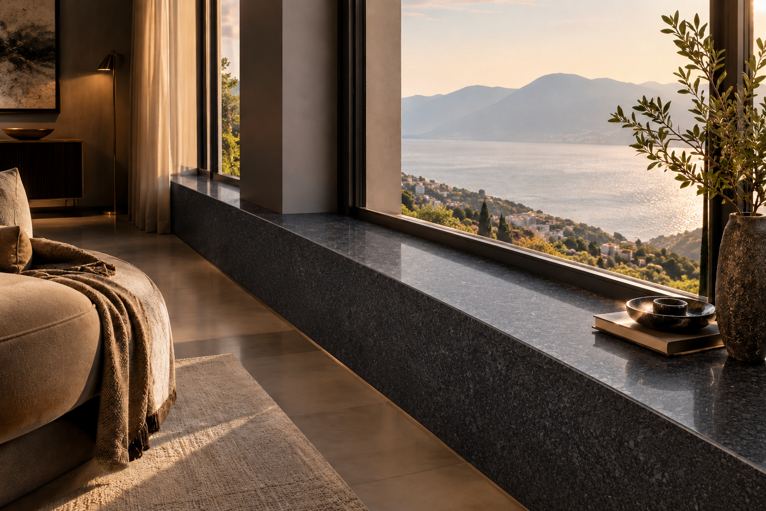 A charcoal granite window sill running the length of a window above the sea
