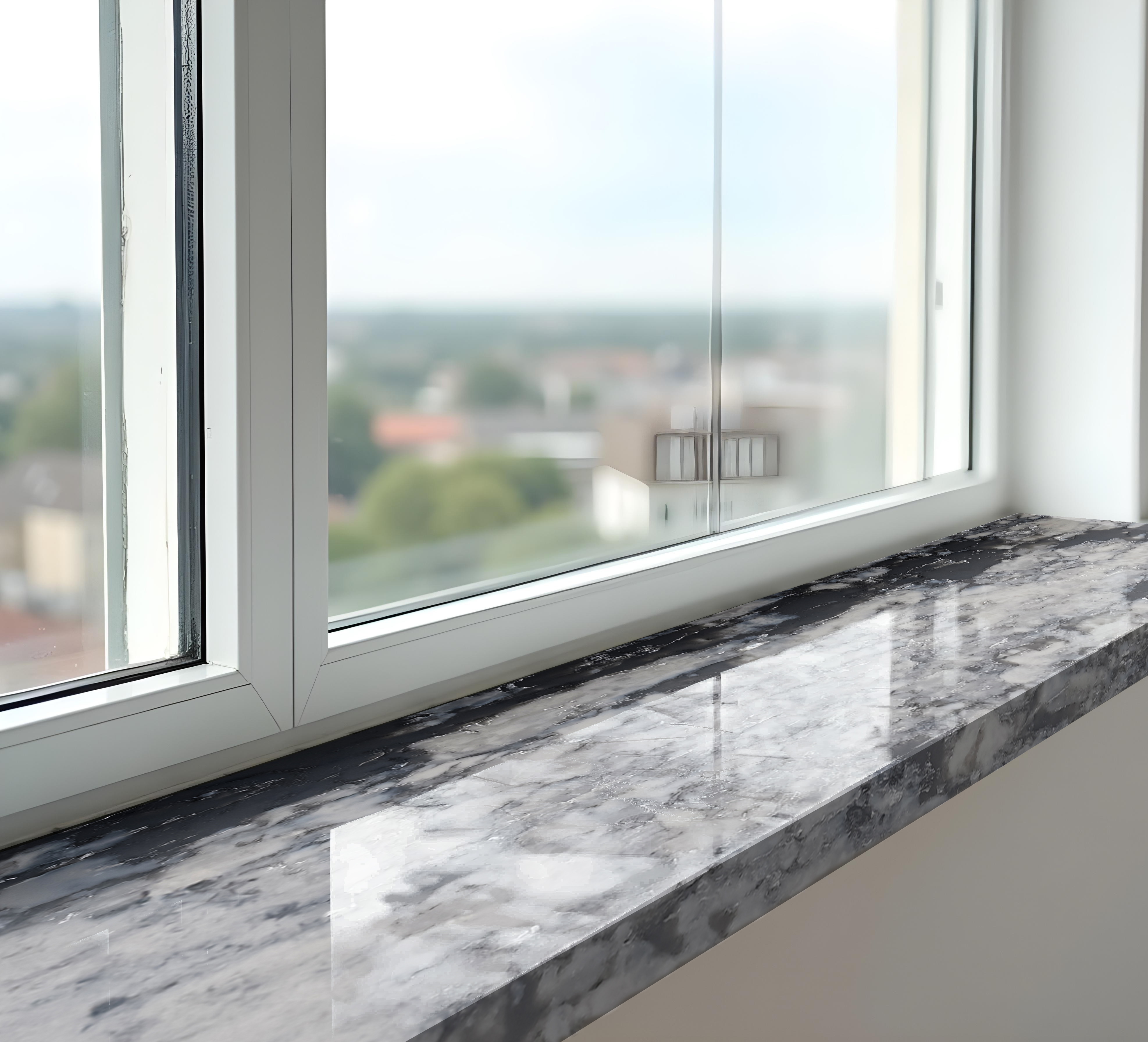 A white and grey quartz window sill in a high-rise window