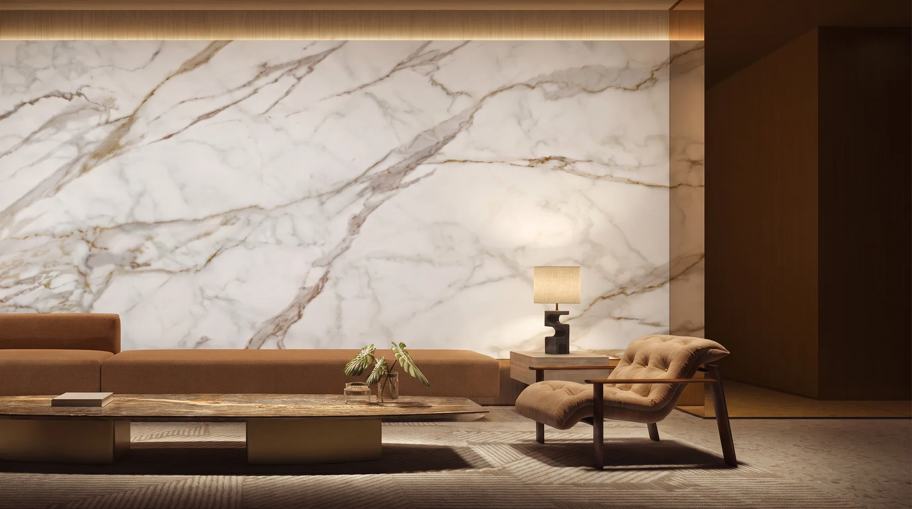 A living room wall clad in large marble-look slabs
