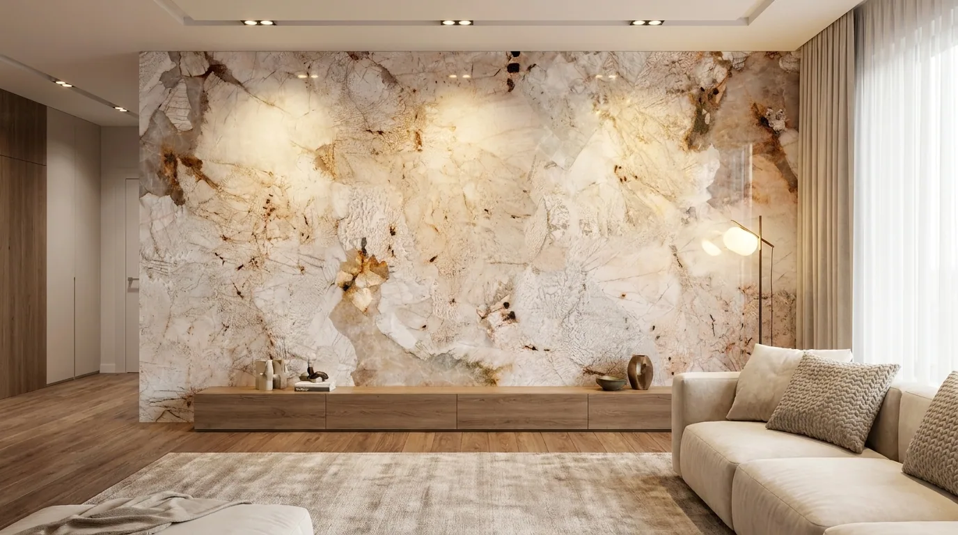 A living room with a feature wall in Patagonia