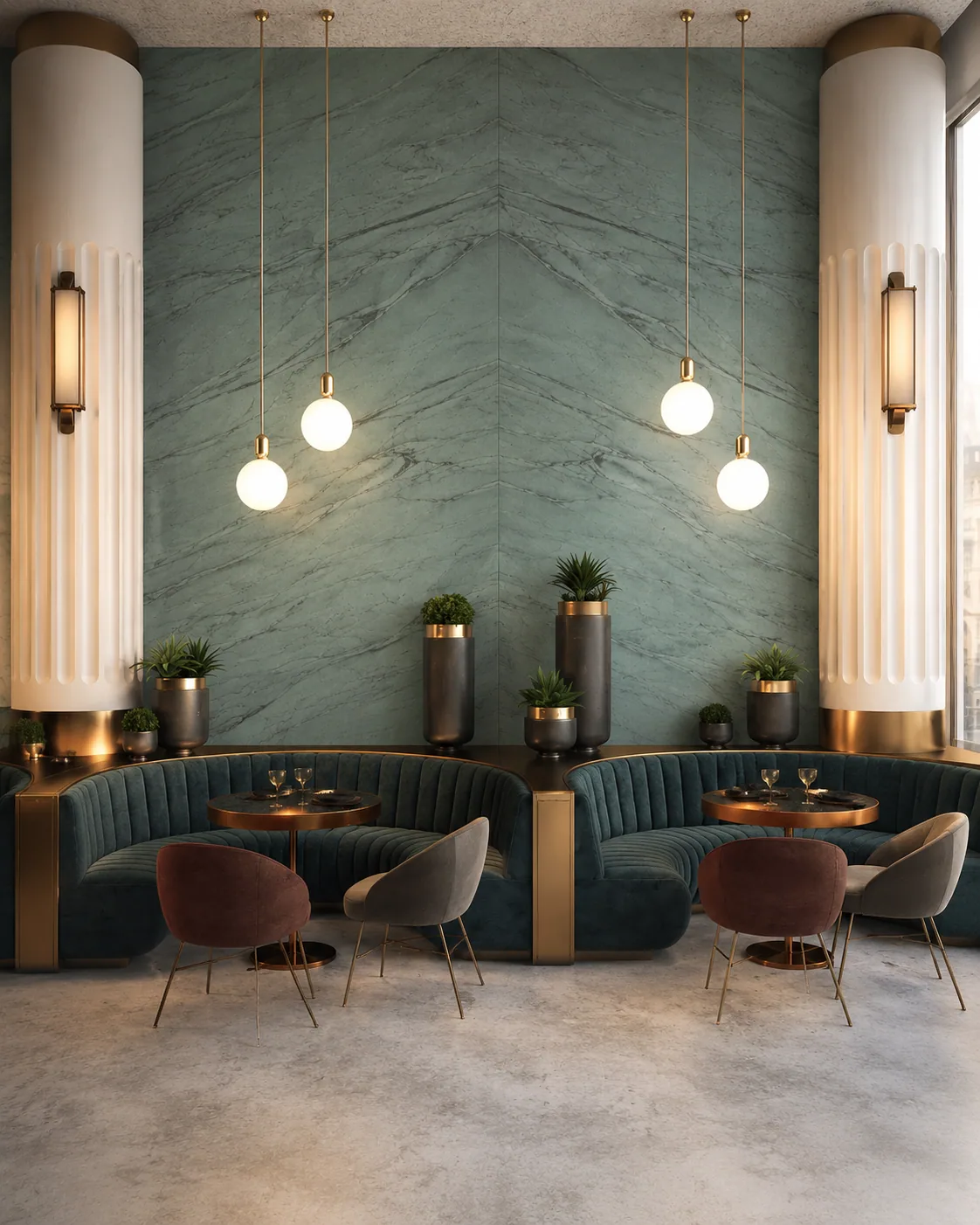 A restaurant booth against a green stone wall