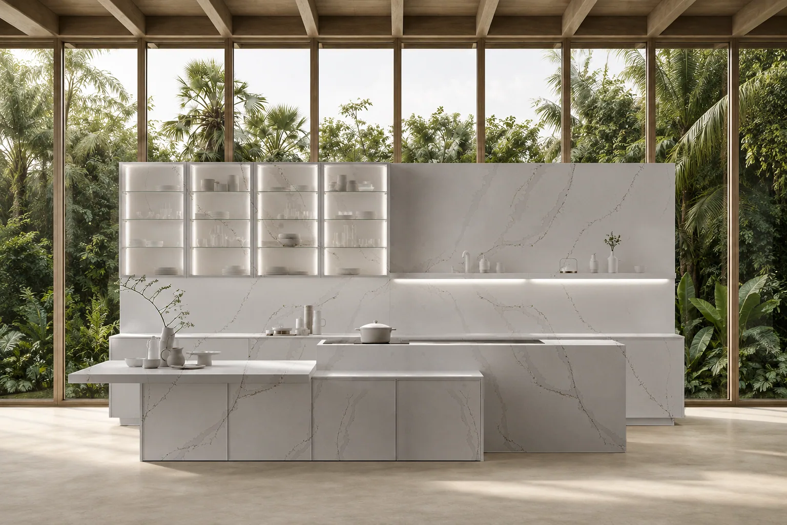 A quartz island in a kitchen open to a garden
