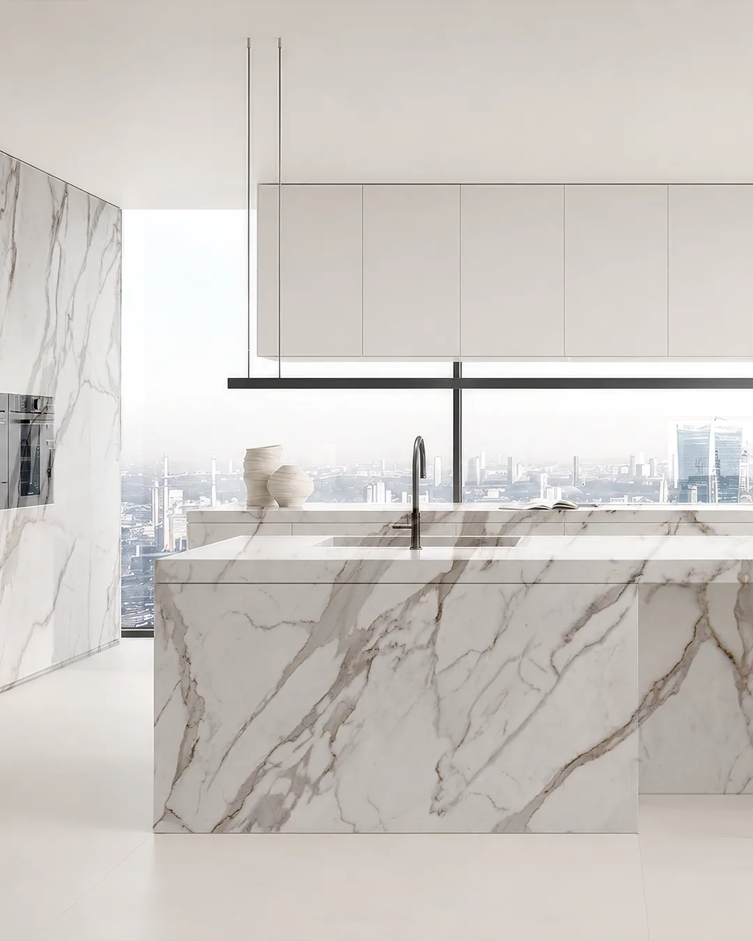 A white-veined quartz island by a city window