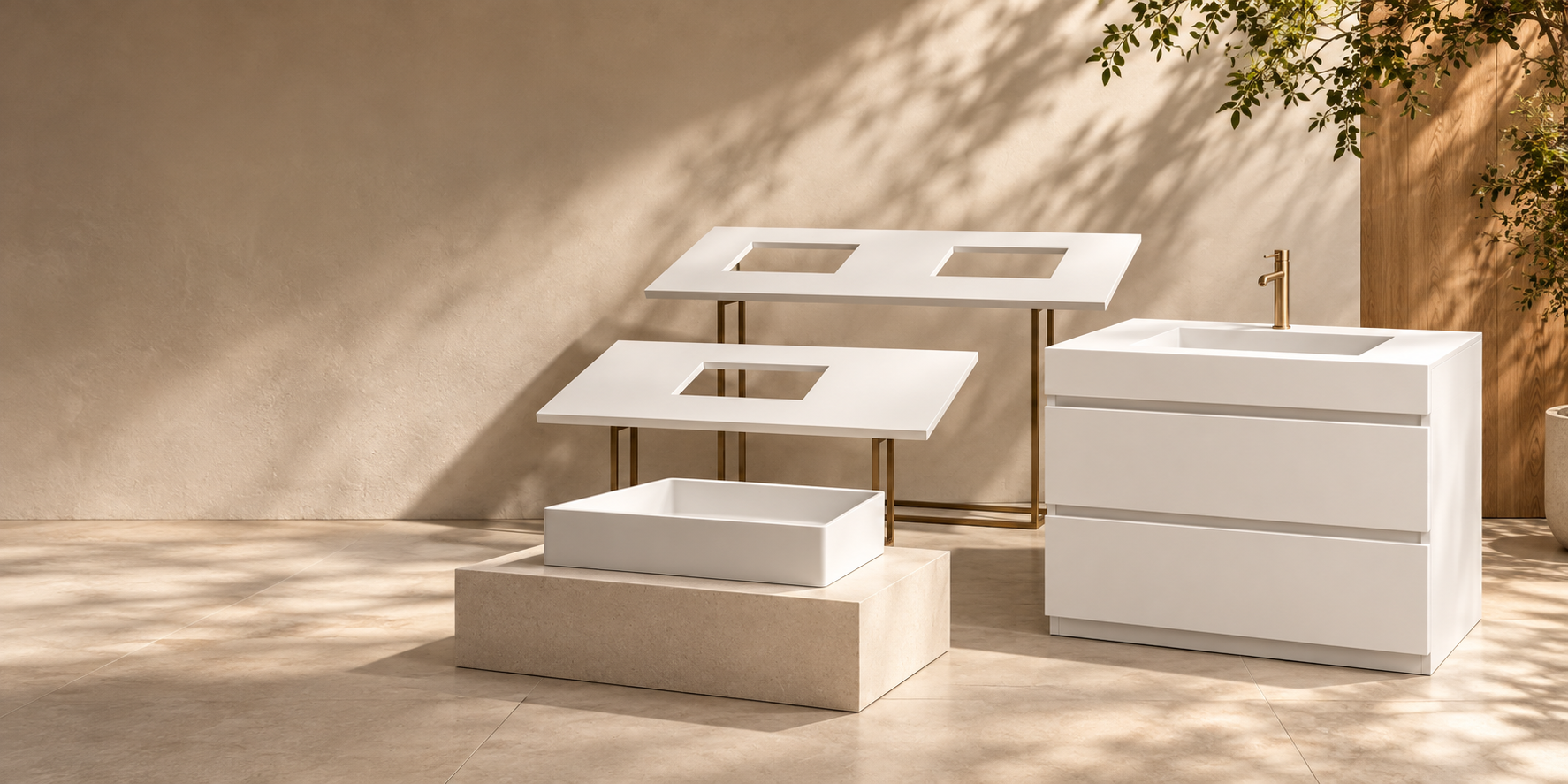 White quartz vanity tops, a quartz basin and a white vanity with a quartz top, in warm afternoon light