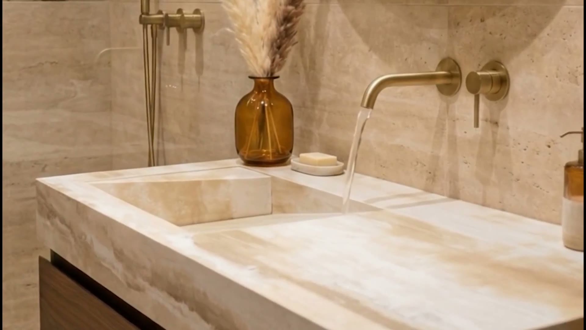 A quartz vanity top with an integrated basin and a brass tap